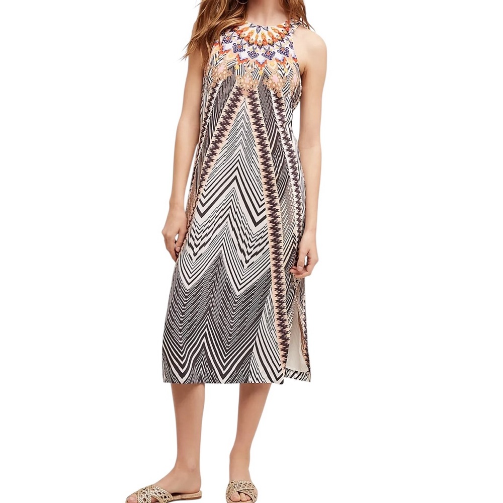 Anthropologie HG in Paris Silk "Solstice" Sleeveless Zig Zag Print Midi Dress 6